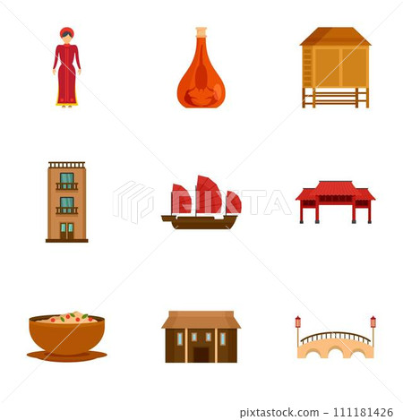Vietnam attraction icon set. Flat set of 9 vietnam attraction vector icons for web design 111181426