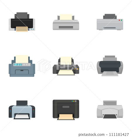Home printer icon set. Flat set of 9 home printer vector icons for web design 111181427
