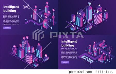 Intelligent building banner set. Isometric set of intelligent building vector banner for web design 111181449