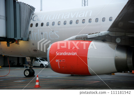 COPENHAGEN, DENMARK - NOV 24, 2018: Airbus A320 from SAS Scandinavian Airlines at the gate close-up photo of the red engine 111181542