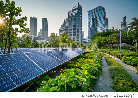 AI-generated content. Ecological energy renewable solar panel plant with city building landscape  111181584