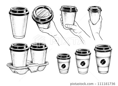 Illustrations set of takeaway coffee and hands Illustrations set of takeaway coffee and hands 111181736