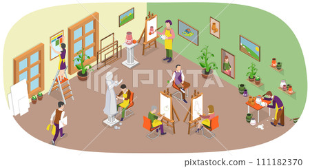 3D Isometric Flat  Conceptual Illustration of Art Studio 111182370