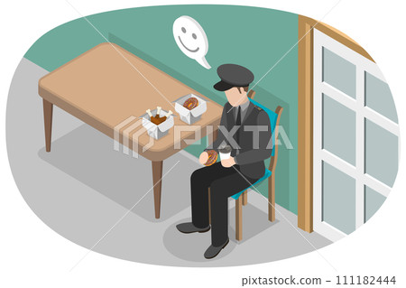 3D Isometric Flat  Conceptual Illustration of Security Guard Having Lunch 111182444