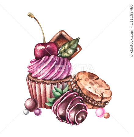 Watercolor hand drawn desserts isolated 111182460