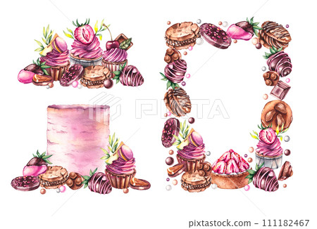 Watercolor sweet desserts set hand drawn isolated 111182467
