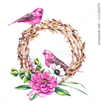 Watercolor Valentines Day wreath with bouquets of flowers, birds and flowers isolated Watercolor Valentines Day wreath with bouquets of flowers, birds and flowers isolated 111182474