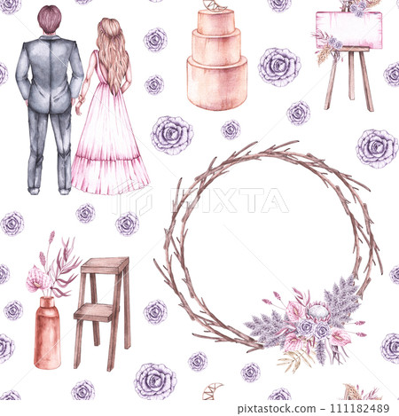 Watercolor wedding pattern with newlyweds and wedding arch and accessories in pastel shades in boho style Watercolor wedding pattern with newlyweds and wedding arch and accessories in pastel shades in boho style 111182489