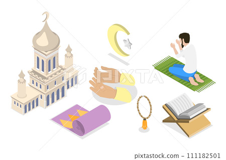 3D Isometric Flat  Set of Muslim Islam Items and People 111182501