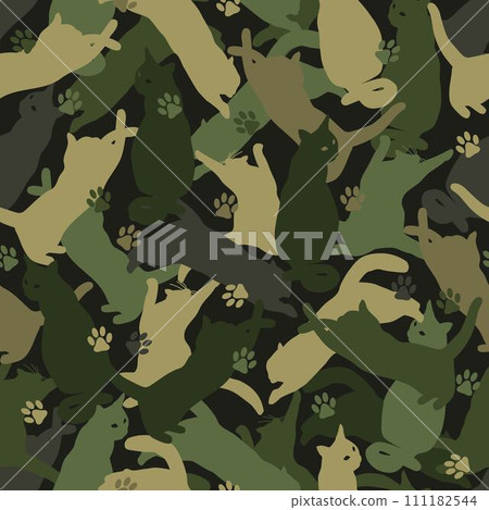 Seamless khaki green camouflage pattern with silhouettes of jumping, playing, sitting cats, paw print. Flat style Seamless khaki green camouflage pattern with silhouettes of jumping, playing, sitting cats, paw print. Flat style 111182544