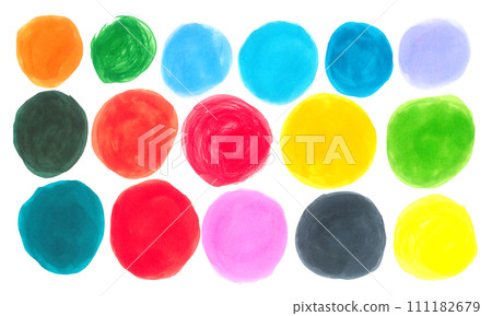 Set of multicolored watercolor circles of blue, red, yellow, green, orange and gray colors on white background 111182679