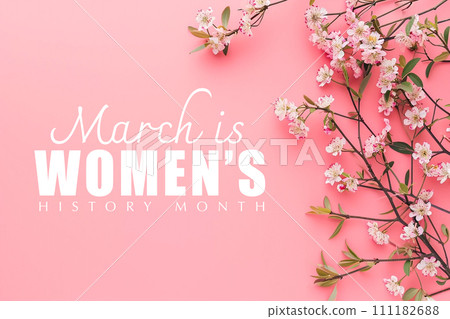 Greeting card for Women's History Month with flowers on pink background 111182688
