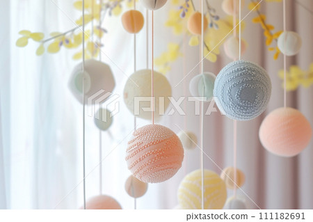 Scandinavian Baby crib mobile with textile stars and flowers 111182691