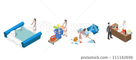 3D Isometric Flat  Set of Hotel Services, Room Cleaning and Food Service 111182698