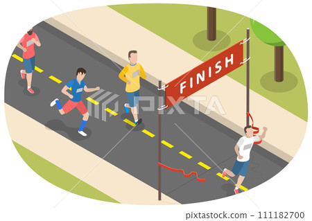 3D Isometric Flat  Conceptual Illustration of Marathon Winner, Crossing the Finish Line 111182700