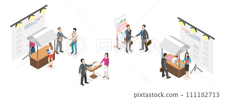 3D Isometric Flat  Conceptual Illustration of Trade Show, Business Expo Presentation 111182713