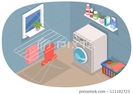 3D Isometric Flat Conceptual Illustration of Laundry Room Interior, Household scene with Washing Machine and other Laundry Stuff 3D Isometric Flat Conceptual Illustration of Laundry Room Interior, Household scene with Washing Machine and other Laundry Stuff 111182723