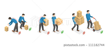 3D Isometric Flat  Conceptual Illustration of How To Carry Heavy Goods, Safe and Incorrect Weights Lifting 111182744