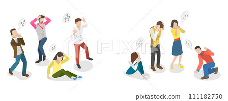 3D Isometric Flat  Conceptual Illustration of Shocked, Frightened, Scared Character, Emotional Gesturing People 111182750