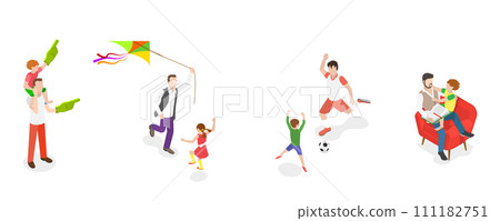 3D Isometric Flat  Conceptual Illustration of Father And Child, Dad and Kid Having a Leisure Time 111182751