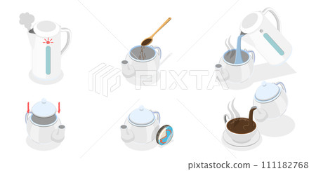 3D Isometric Flat  Conceptual Illustration of Brewing Leaf Tea, Guidelines How to Make Hot Drink 111182768