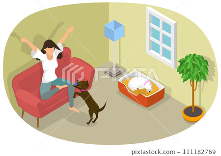 3D Isometric Flat  Conceptual Illustration of Pet at Home, People and Domestic Animals 111182769