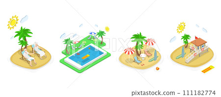 3D Isometric Flat  Set of Summer Beach Set, Tropical Islands and Swimming Pool 111182774