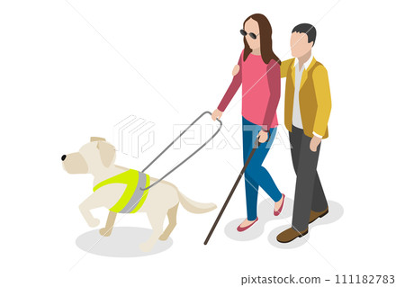 3D Isometric Flat  Conceptual Illustration of Guide Dog, Blind Woman with a Animal Escort 111182783