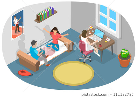 3D Isometric Flat  Conceptual Illustration of Student Dormitory, University or College Dorm Room Interior 111182785