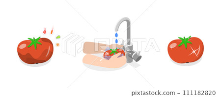 3D Isometric Flat Conceptual Illustration of Vegetable and Frute Safety, Washing Food Before Eating 3D Isometric Flat Conceptual Illustration of Vegetable and Frute Safety, Washing Food Before Eating 111182820