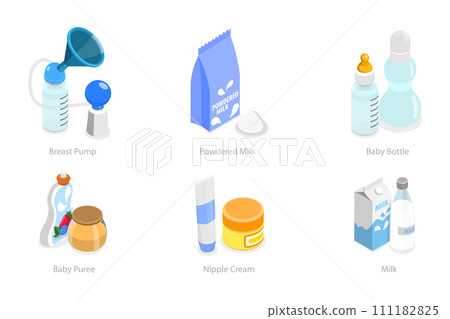 3D Isometric Flat  Set of Baby Food Items, Feeding Supplies 111182825