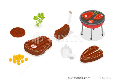 3D Isometric Flat  Set of Beef Steaks, BBQ and Grilled Meat 3D Isometric Flat  Set of Beef Steaks, BBQ and Grilled Meat 111182829