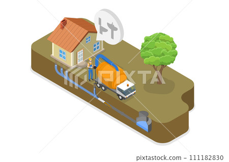 3D Isometric Flat  Conceptual Illustration of Sewer Cleaning Service, Removing Sewerage Obstructions 111182830