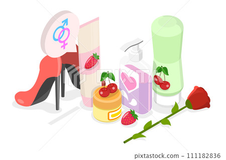 3D Isometric Flat  Conceptual Illustration of Lubricant, Oil and Cream Tube, Moisturizing Cosmetics 111182836