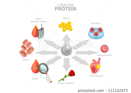 3D Isometric Flat Conceptual Illustration of C-reactive Protein, Risk of Developing Different Diseases 3D Isometric Flat Conceptual Illustration of C-reactive Protein, Risk of Developing Different Diseases 111182875
