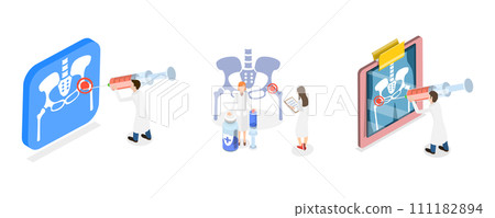 3D Isometric Flat  Conceptual Illustration of Hip Joint Cortisone Injection, Bones of the Pelvis and Hip, Human Anatomy 111182894