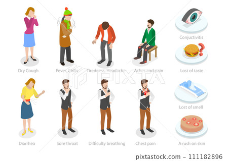3D Isometric Flat Set of Coronavirus, Flu, Respiratory Virus Symptoms, Medical Infographics 3D Isometric Flat Set of Coronavirus, Flu, Respiratory Virus Symptoms, Medical Infographics 111182896