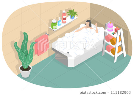 3D Isometric Flat  Conceptual Illustration of Taking a Bath, Hygiene and Beauty 111182903
