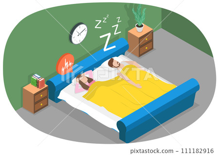 3D Isometric Flat  Conceptual Illustration of Snoring, Husband Snores Loudly Next to Angry Frustrated Wife 111182916