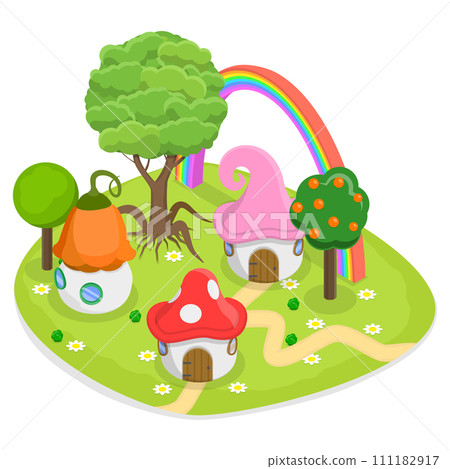 3D Isometric Flat  Conceptual Illustration of Fairytale Forest, Fantasy Houses 111182917