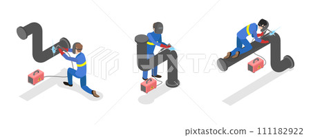 3D Isometric Flat  Set of Welder Workers, Professional in Protective Mask and Gloves 111182922