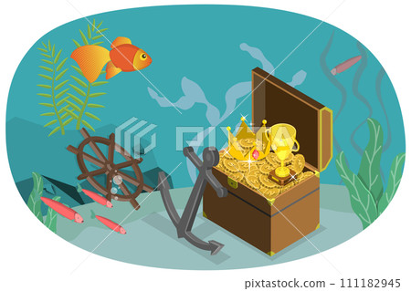 3D Isometric Flat  Conceptual Illustration of Underwater Treasure Chest, Mystery Box 111182945