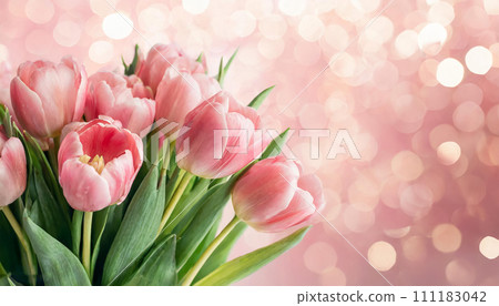 Beautiful composition spring flowers Bouquet of pink tulips flowers on pastel pink background 111183042