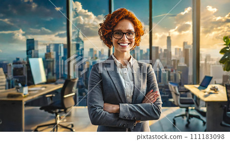 Portrait of successful business woman inside office standing with arms crossed 111183098
