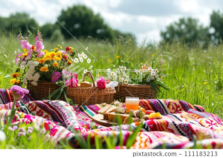 Valentines Day Picnic in Blossoming Flower Meadow 111183213