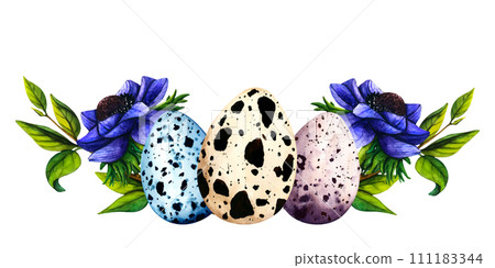 Happy Easter watercolor vector cards with cute Easter eggs, spring flowers violet anemone in pastel colors. Isolated Easter watercolor illustration decor elements 111183344