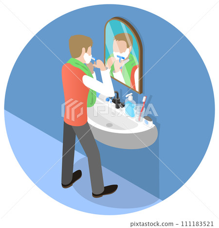 3D Isometric Flat  Conceptual Illustration of Skincare For Men, Man Shaving Face 111183521