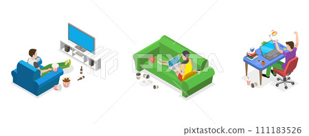 3D Isometric Flat Conceptual Illustration of Sedentary Lifestyle, Bad Habits 3D Isometric Flat Conceptual Illustration of Sedentary Lifestyle, Bad Habits 111183526