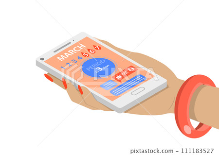 3D Isometric Flat  Conceptual Illustration of Tracker Of Menstrual Period, Woman Monitoring her Ovulation 111183527