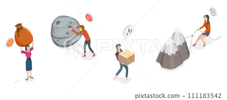 3D Isometric Flat  Conceptual Illustration of Strong Women, Pressure From Too Much Responsibility 111183542